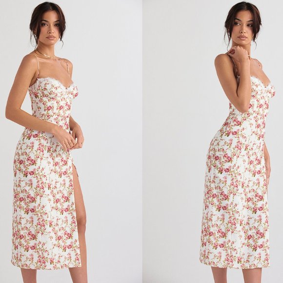 HOUSE OF CB 'Charlotte' Rose Print Corset Midi Sundress NWOT - Picture 4 of 13